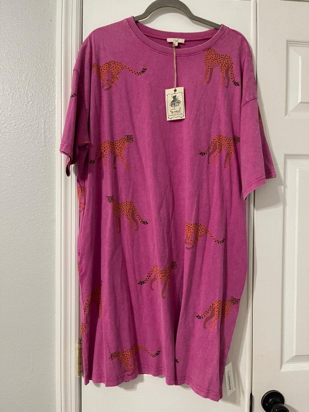 easel Magenta Tee Dress with Orange Leopard Print